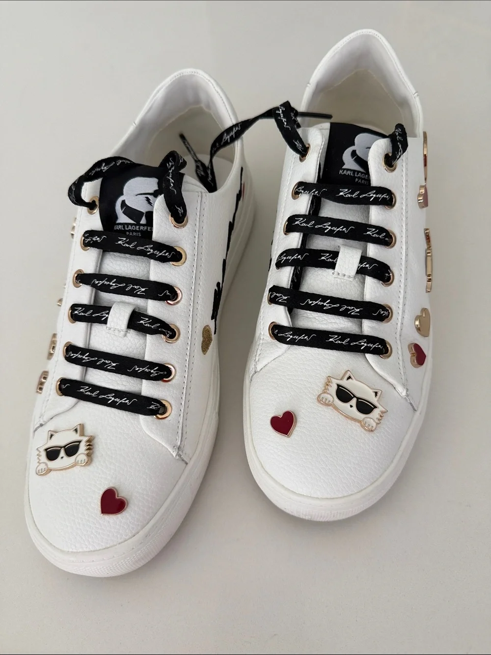 Karl Lagerfeld White Sneakers with Black Laces and Red Heart Accents